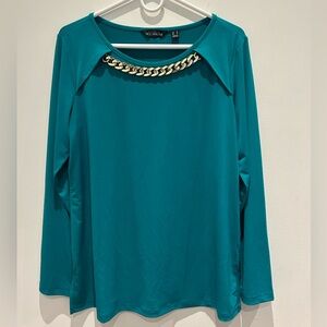 Susan Graver Teal Top with Gold Chain Detail
